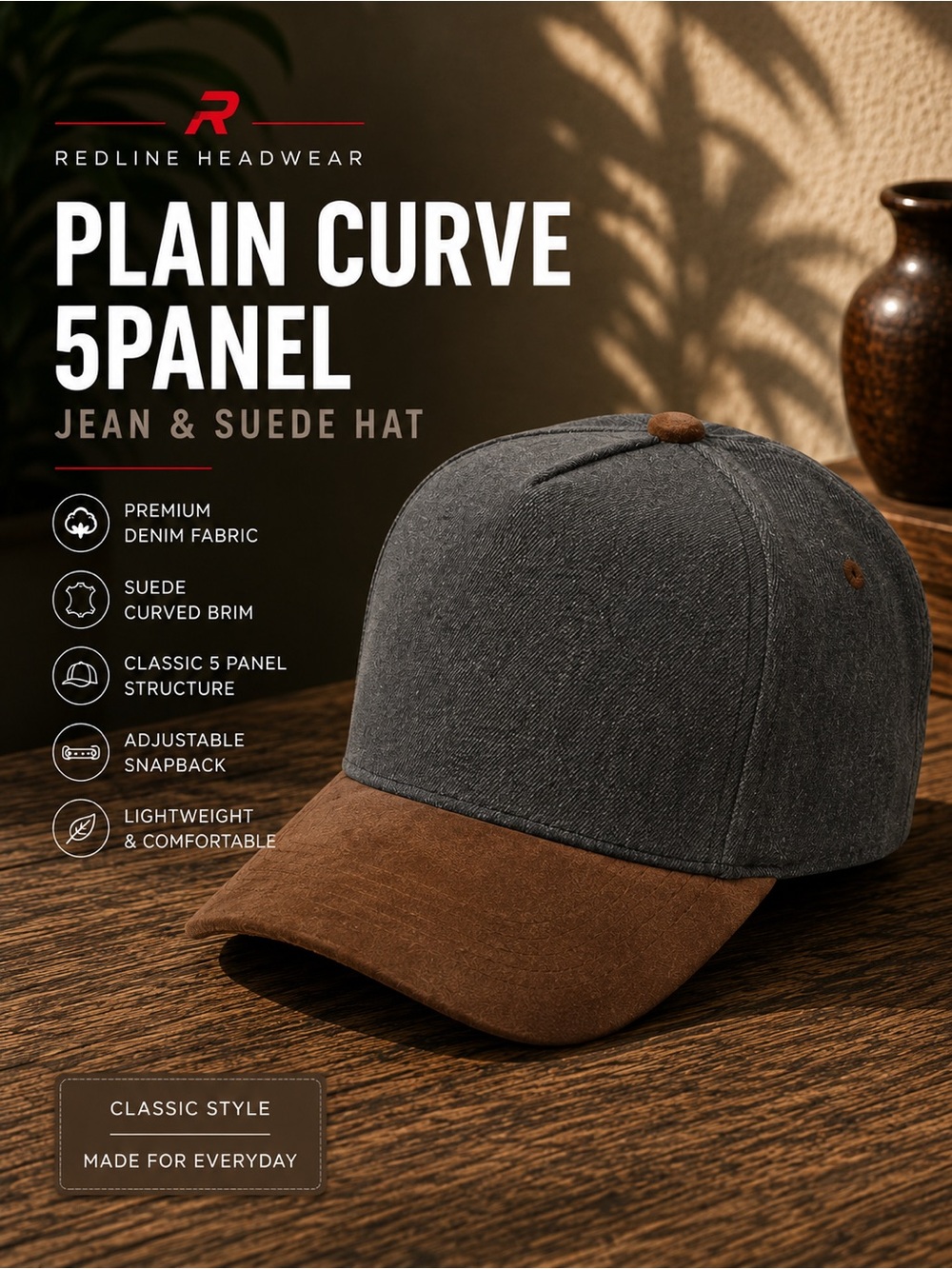 Plain Curve 5-Panel Hat - Gray Crown with Brown Suede Brim